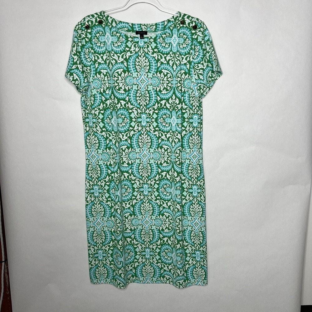 Talbots Effortless Jersey Shift Dress Womens Large Green Medallion Stretch